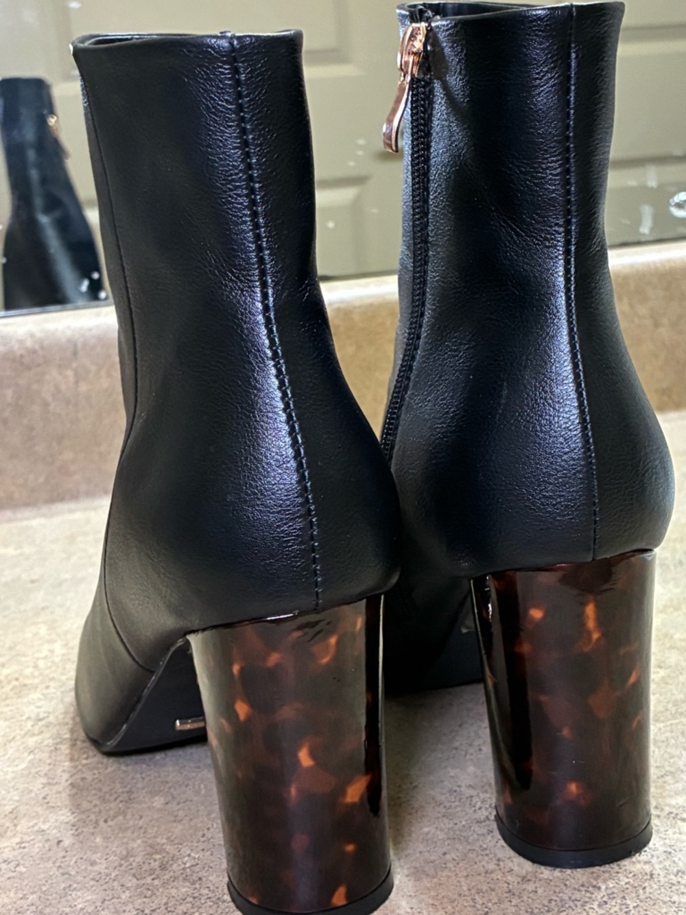 Billini Black Ankle Booties with Tortoiseshell Block Heel